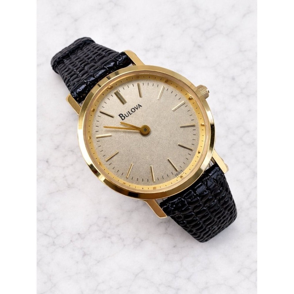 Bulova Gold-Tone Black Leather Analog Ladies Watch NOT TESTED